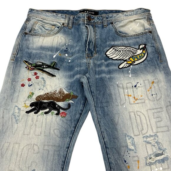 Akoo Jeans Men 36 No Rivals Distressed Patches Paint Splatter Hip Hop Streetwear - Picture 2 of 14